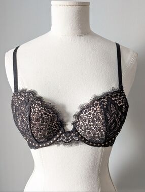 Victoria's Secret Black Lace Gold Studs Push-Up Bra with Nude Underlay 32B